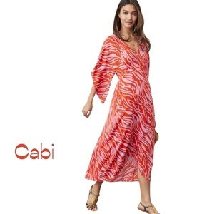 CAbi Sheer Bold Orange Pink Midi Dress NWOT Size S